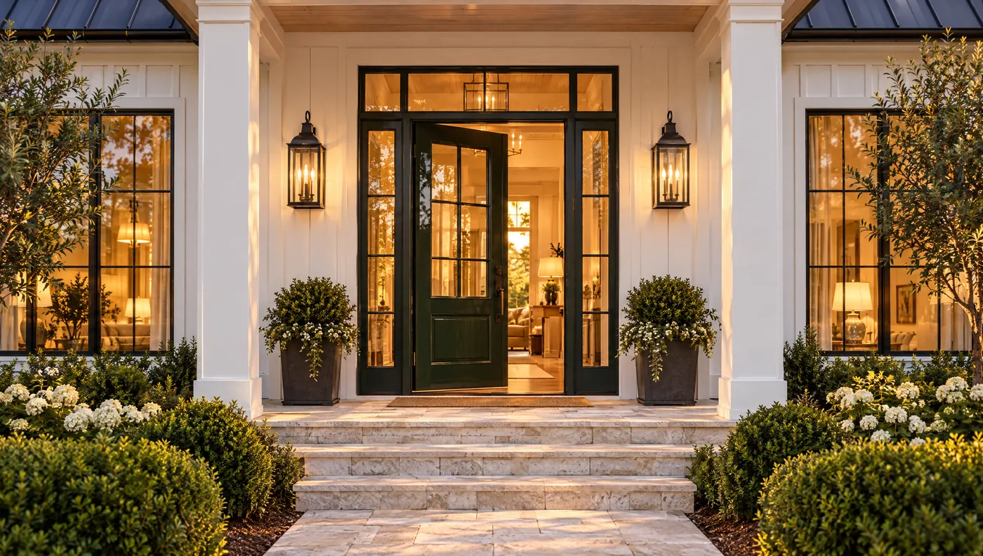 A green front door, open, warm light inside